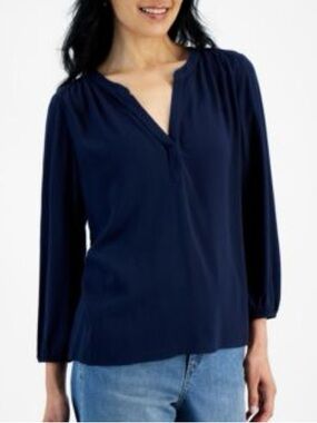Style & Co top Split-Neckline Popover Blouse blue Small new